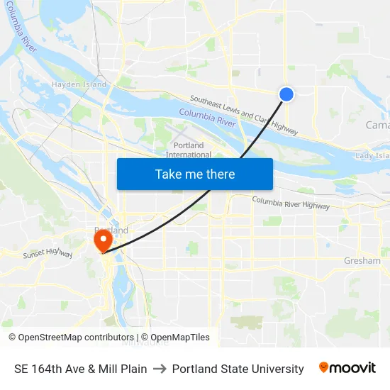 SE 164th Ave & Mill Plain to Portland State University map