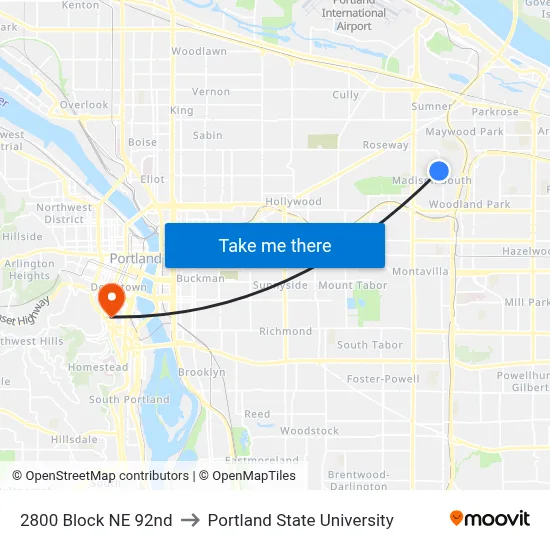 2800 Block NE 92nd to Portland State University map