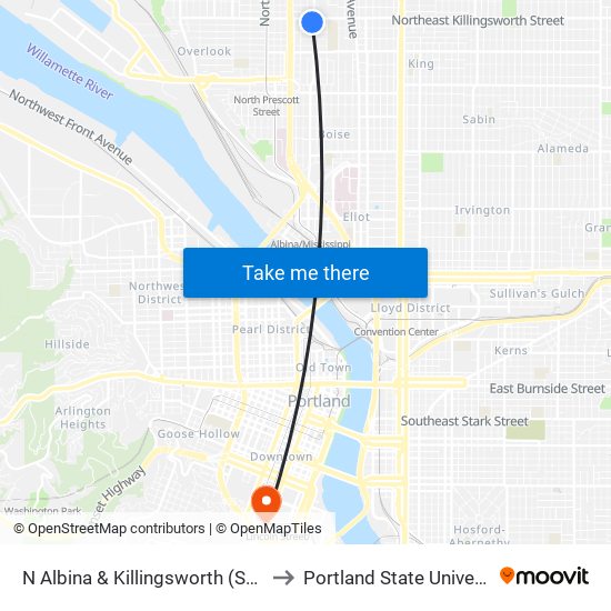 N Albina & Killingsworth (South) to Portland State University map