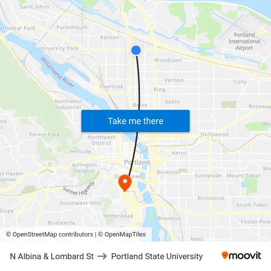 N Albina & Lombard St to Portland State University map