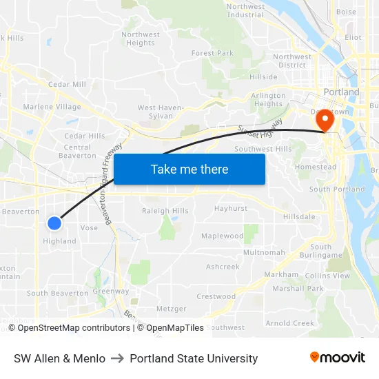 SW Allen & Menlo to Portland State University map
