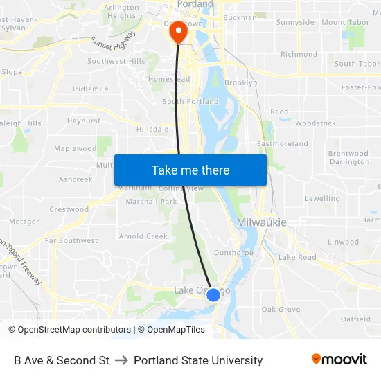 B Ave & Second St to Portland State University map