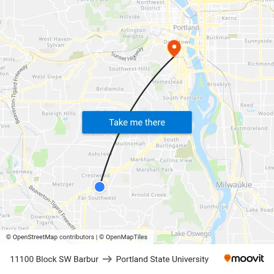 11100 Block SW Barbur to Portland State University map