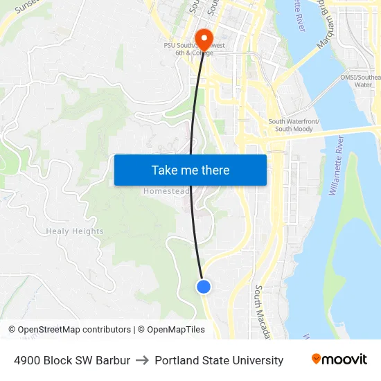 4900 Block SW Barbur to Portland State University map