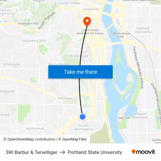 SW Barbur & Terwilliger to Portland State University map