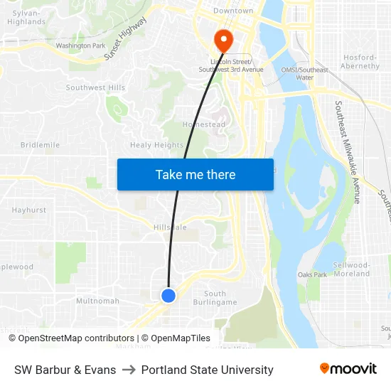 SW Barbur & Evans to Portland State University map