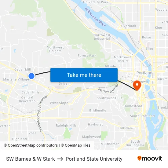 SW Barnes & W Stark to Portland State University map
