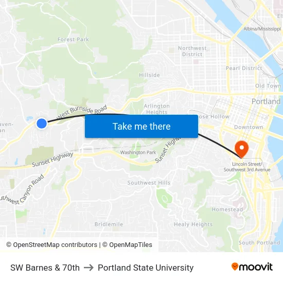 SW Barnes & 70th to Portland State University map