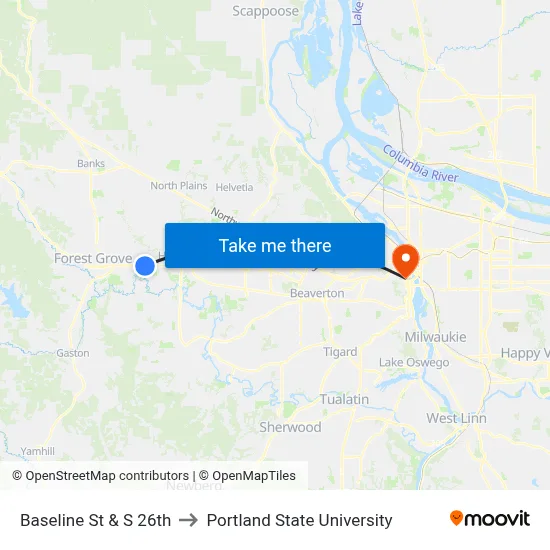 Baseline St & S 26th to Portland State University map