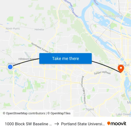 1000 Block SW Baseline St to Portland State University map