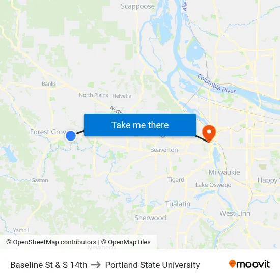 Baseline St & S 14th to Portland State University map