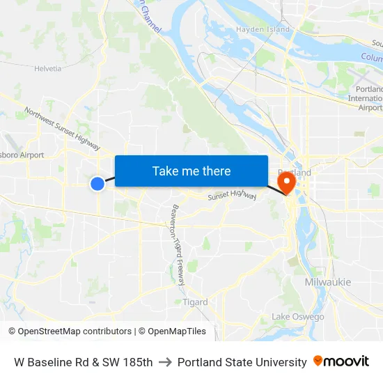 W Baseline Rd & SW 185th to Portland State University map