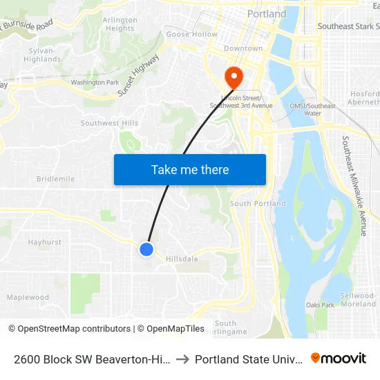 2600 Block SW Beaverton-Hillsdale to Portland State University map
