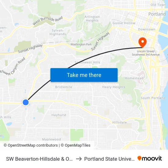 SW Beaverton-Hillsdale & Oleson to Portland State University map