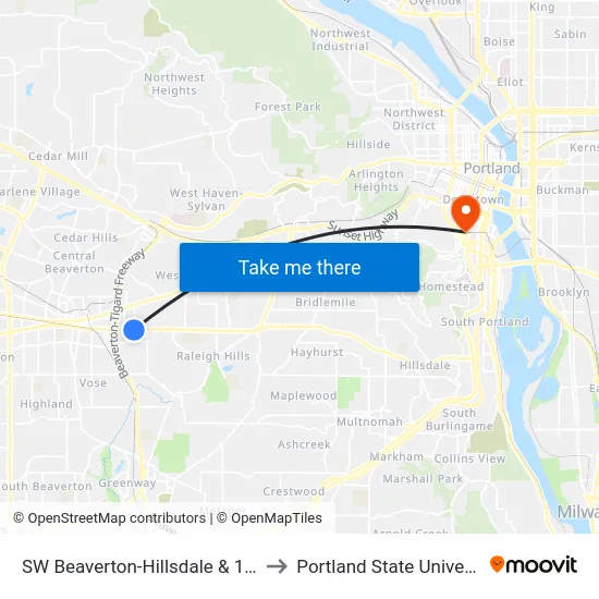 SW Beaverton-Hillsdale & 107th to Portland State University map