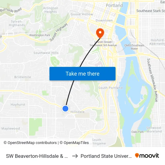 SW Beaverton-Hillsdale & 25th to Portland State University map