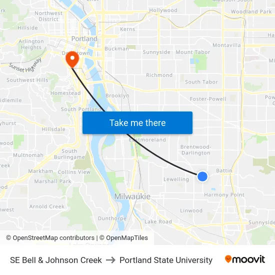SE Bell & Johnson Creek to Portland State University map