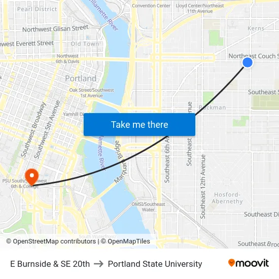 E Burnside & SE 20th to Portland State University map