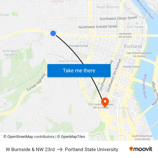 W Burnside & NW 23rd to Portland State University map