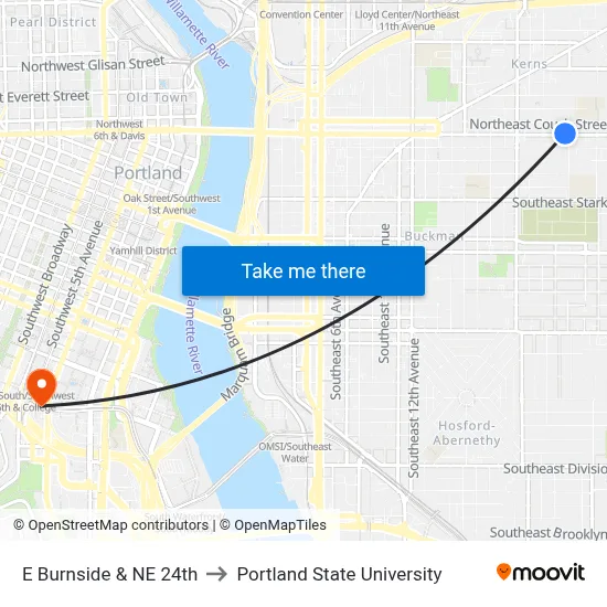 E Burnside & NE 24th to Portland State University map