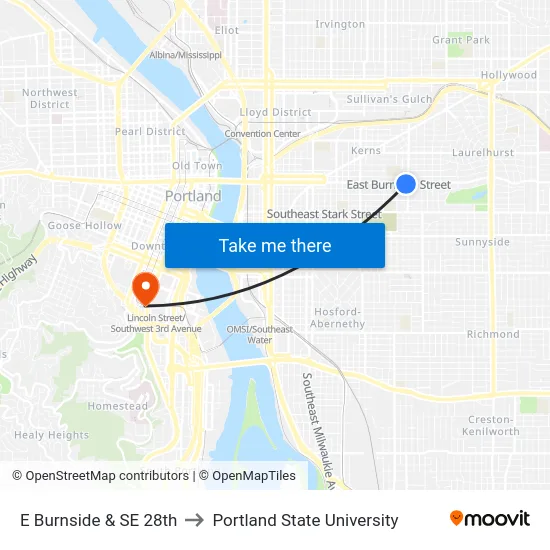 E Burnside & SE 28th to Portland State University map