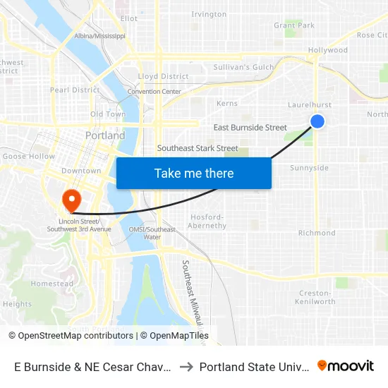 E Burnside & NE Cesar Chavez Blvd to Portland State University map