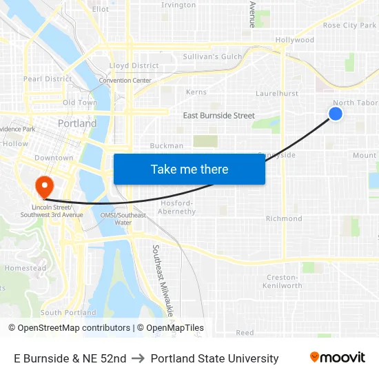 E Burnside & NE 52nd to Portland State University map
