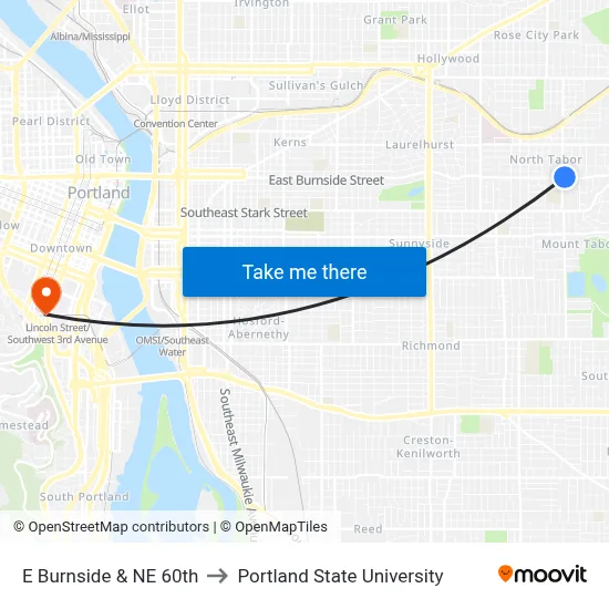E Burnside & NE 60th to Portland State University map