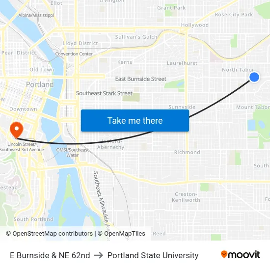 E Burnside & NE 62nd to Portland State University map