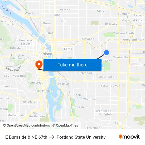 E Burnside & NE 67th to Portland State University map