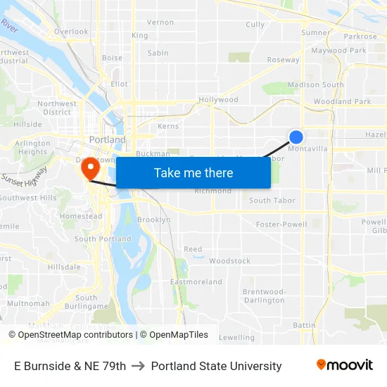 E Burnside & NE 79th to Portland State University map