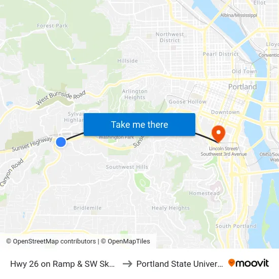 Hwy 26 on Ramp & SW Skyline to Portland State University map