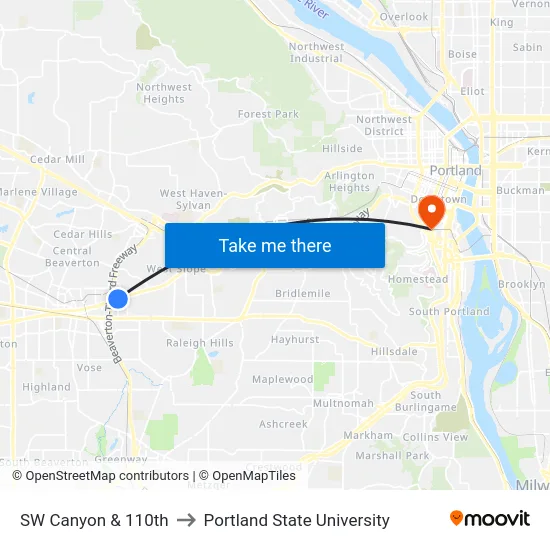 SW Canyon & 110th to Portland State University map