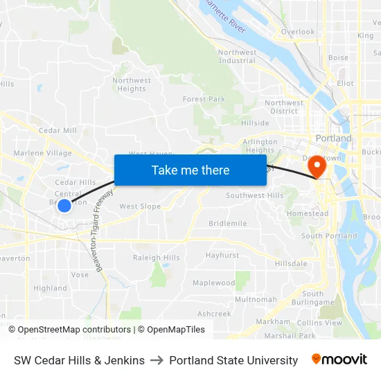 SW Cedar Hills & Jenkins to Portland State University map