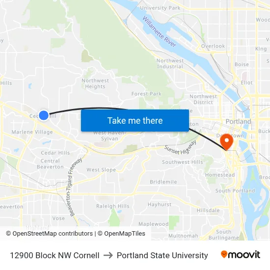 12900 Block NW Cornell to Portland State University map
