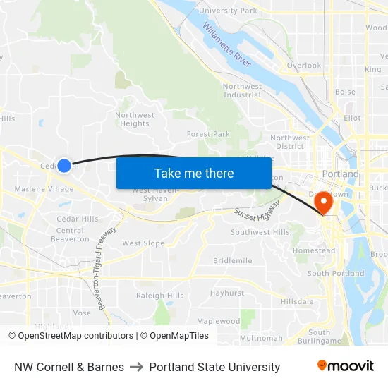 NW Cornell & Barnes to Portland State University map