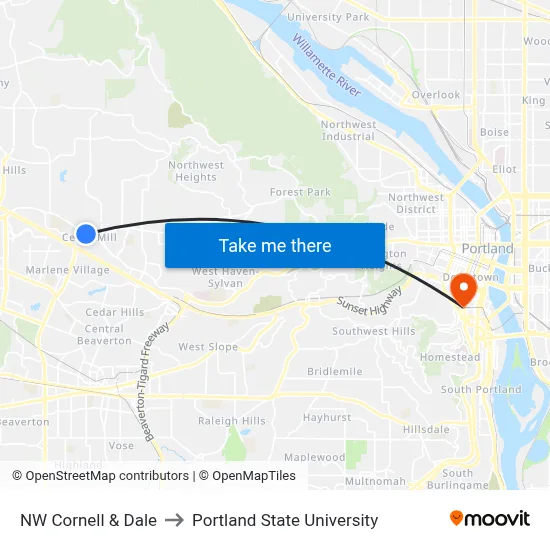 NW Cornell & Dale to Portland State University map