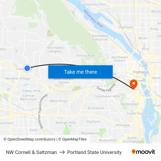 NW Cornell & Saltzman to Portland State University map