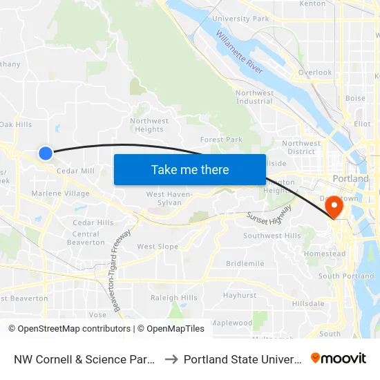 NW Cornell & Science Park Dr to Portland State University map