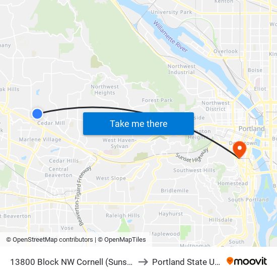 13800 Block NW Cornell (Sunset HS) (East) to Portland State University map