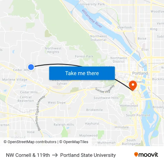 NW Cornell & 119th to Portland State University map