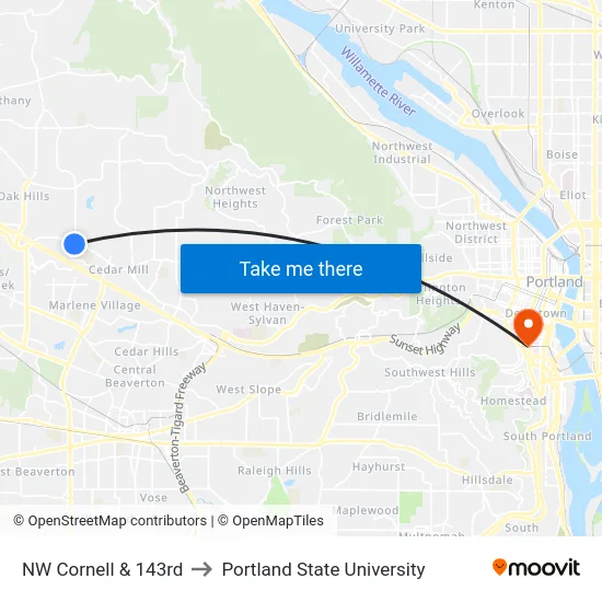NW Cornell & 143rd to Portland State University map
