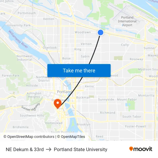 NE Dekum & 33rd to Portland State University map