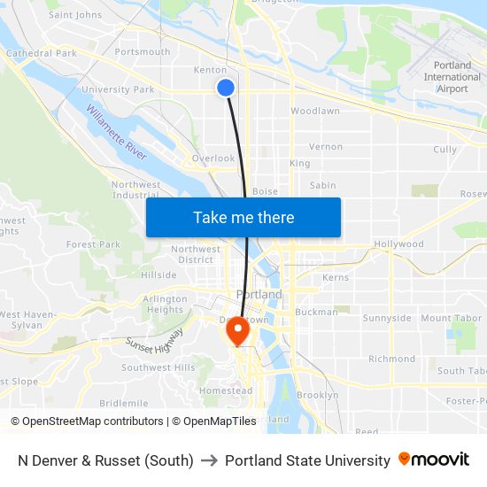 N Denver & Russet (South) to Portland State University map