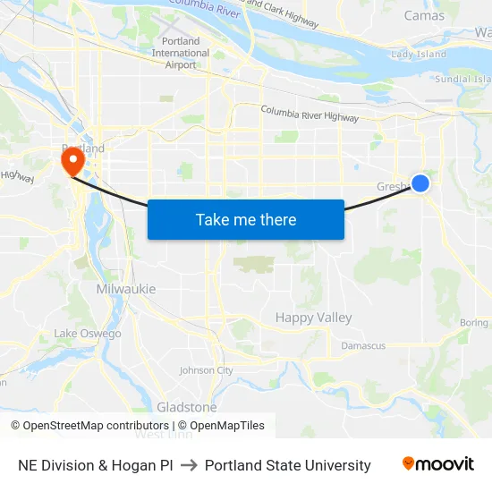 NE Division & Hogan Pl to Portland State University map