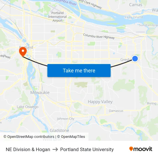 NE Division & Hogan to Portland State University map