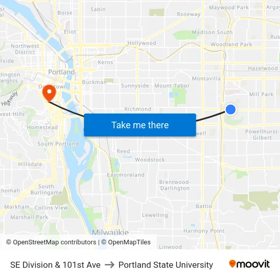 SE Division & 101st Ave to Portland State University map