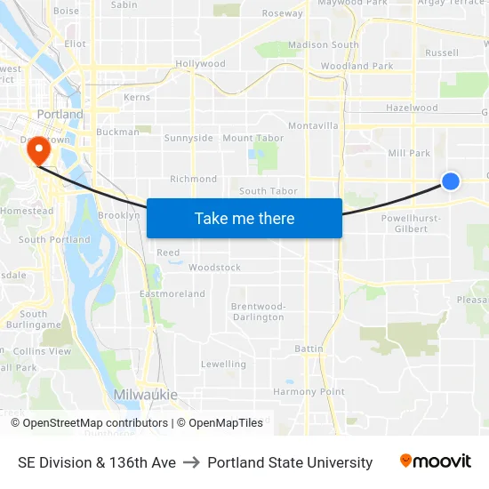 SE Division & 136th Ave to Portland State University map