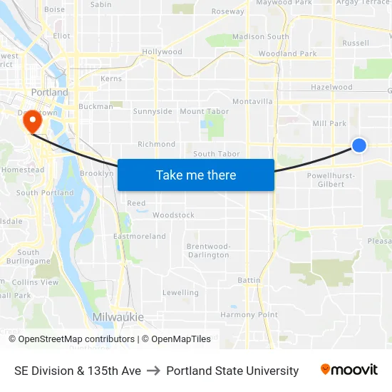 SE Division & 135th Ave to Portland State University map