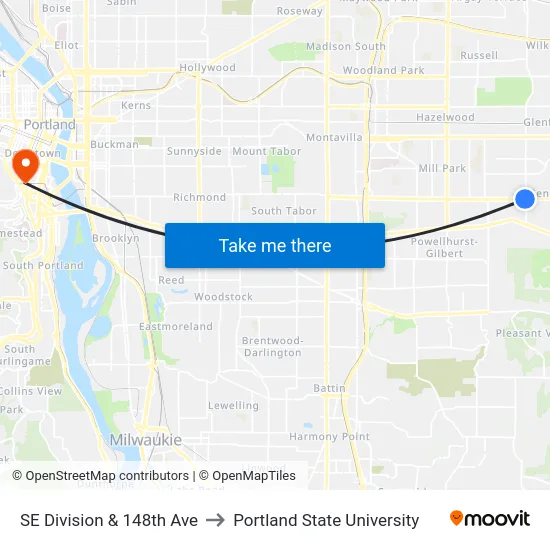 SE Division & 148th Ave to Portland State University map
